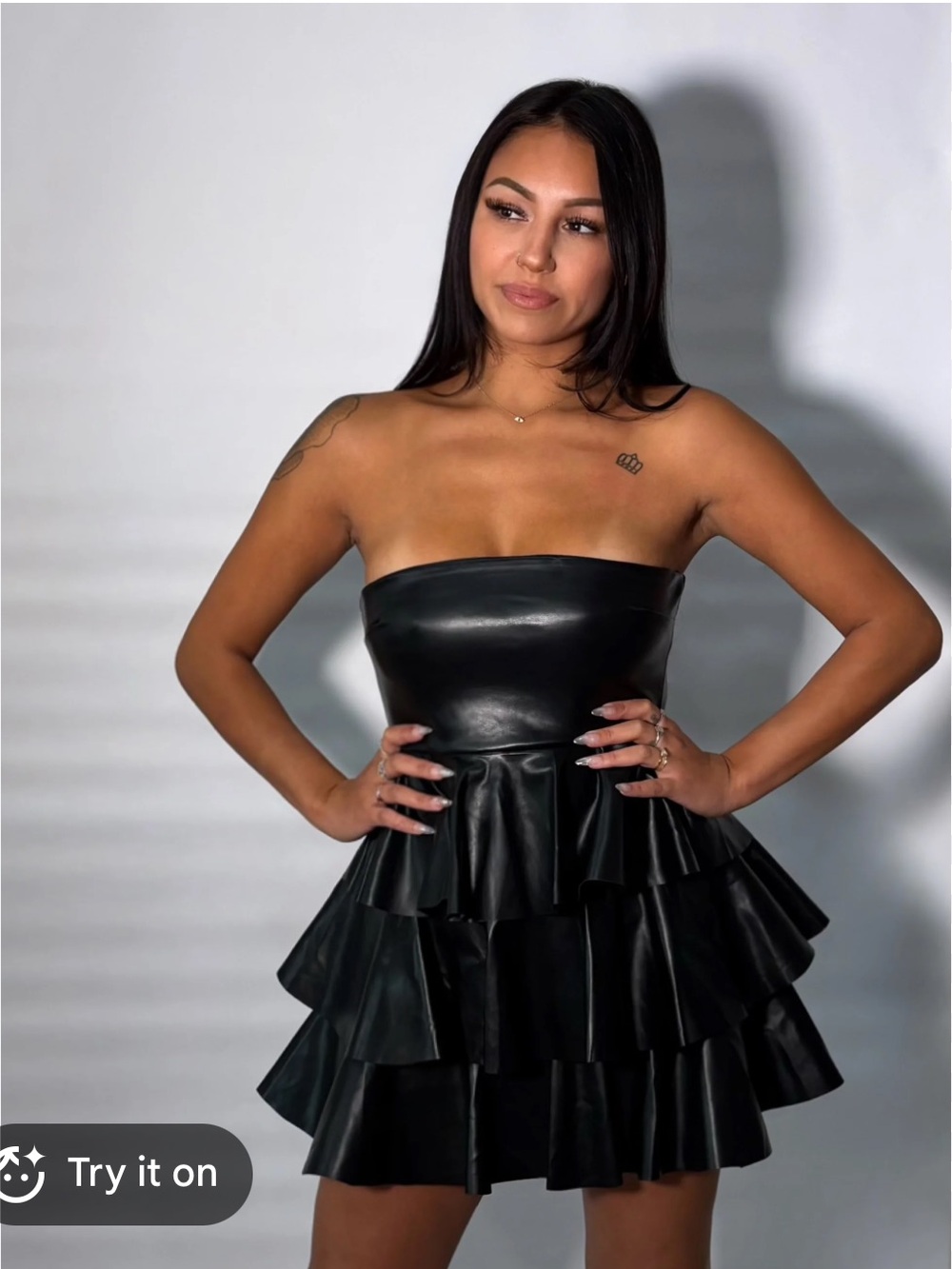 KLESIS Black Faux Leather 3-Tiered Strapless Tube Mini Dress Size S